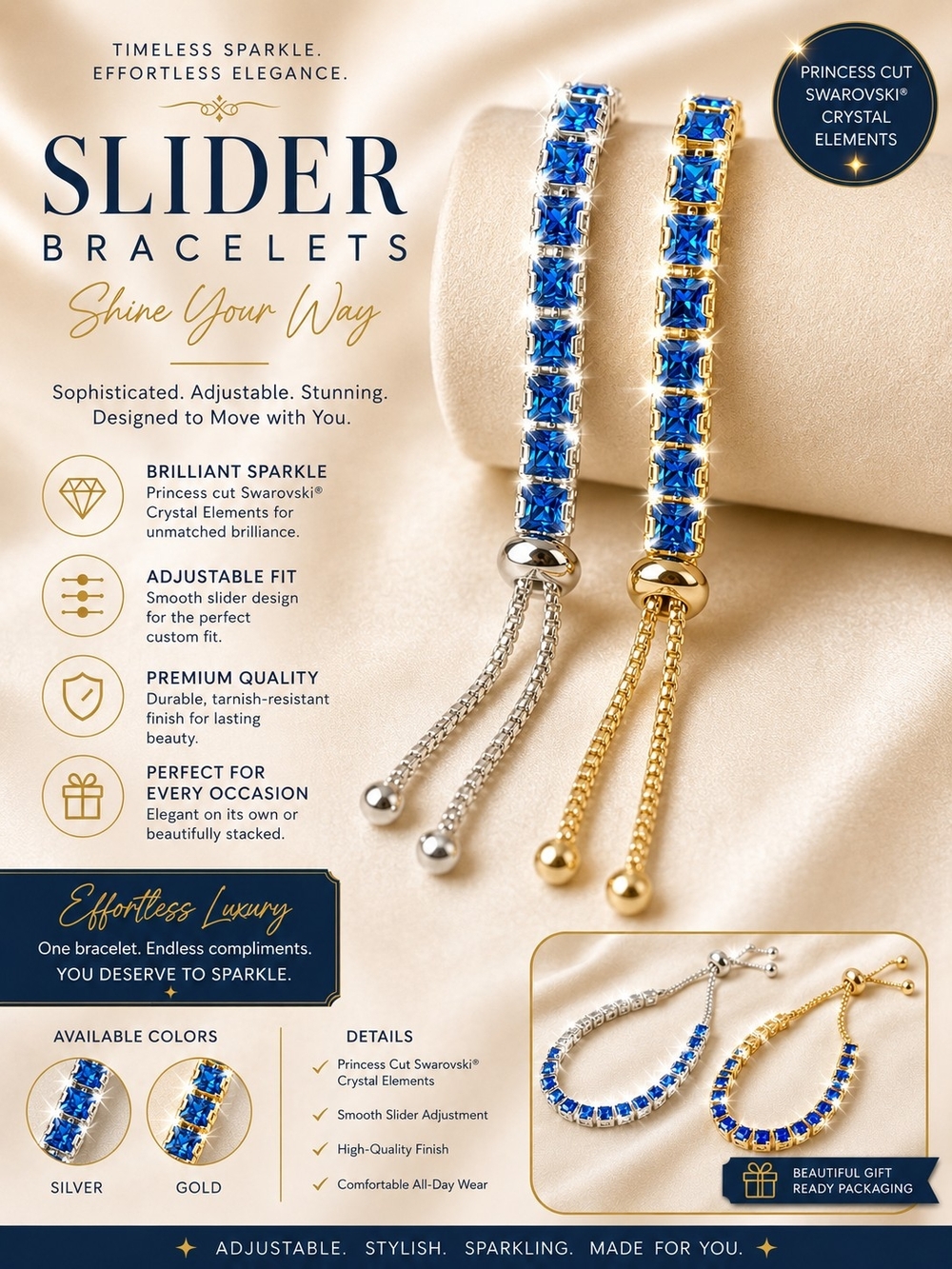 Blue Crystal Slider Bracelet Set — Gold & Silver